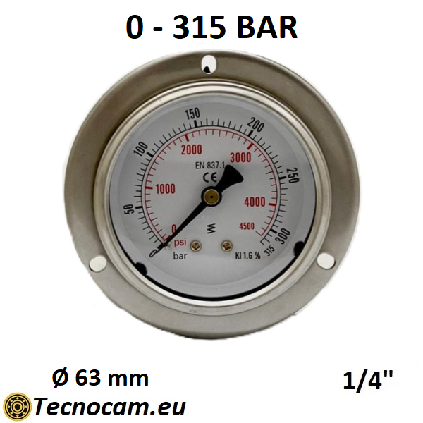 Manometro a SECCO Scala 0-315 Bar, con FLANGIA e Attacco Posteriore Maschio Gas 1/4" serie MANXPFSG