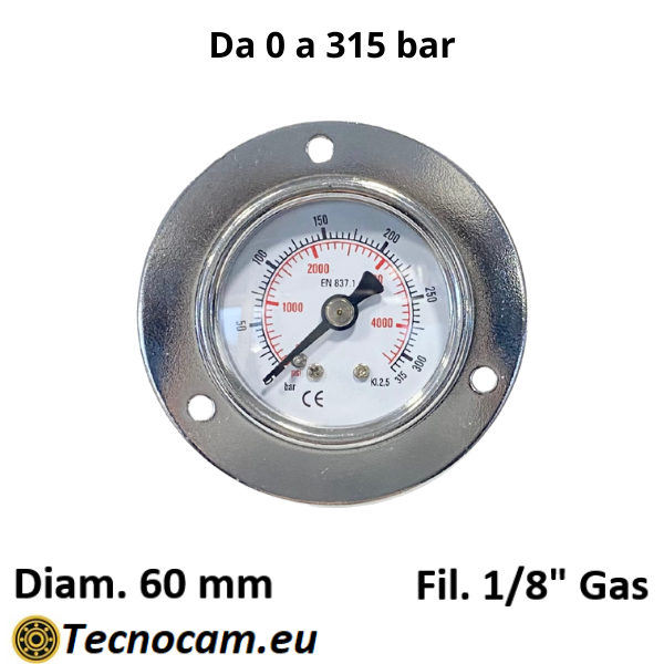 Manometro a SECCO Scala 0-315 Bar, con FLANGIA e Attacco Posteriore Maschio Gas 1/8" Serie MAN40PFSG