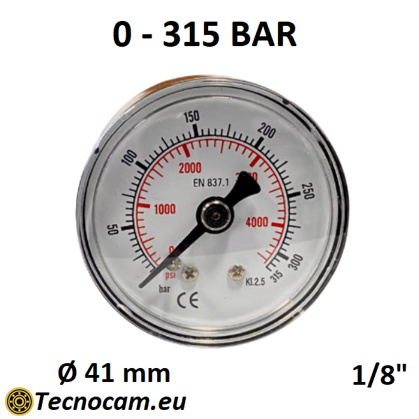 Manomètre à sec, échelle 0-315 bar, raccord arrière mâle pour gaz 1/8". 