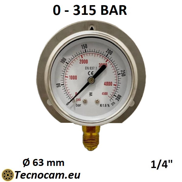 Manometro a SECCO Scala 0-315 Bar, con FLANGIA e Attacco Radiale Maschio Gas 1/4" serie MANXRFSG