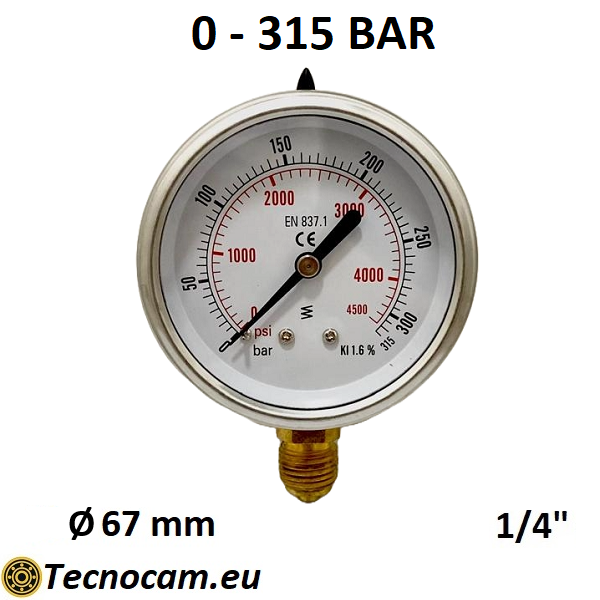 Manometro a SECCO Scala 0-315 Bar, Attacco Radiale Maschio Gas 1/4" serie MANXRSG
