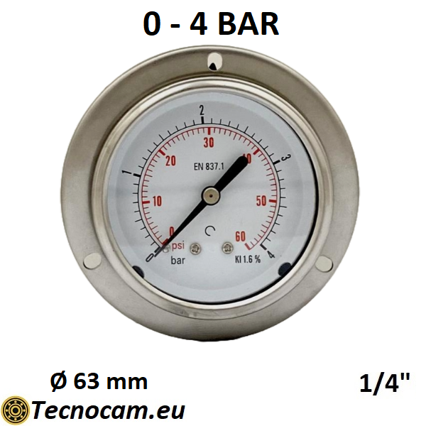 Manometro a SECCO Scala 0-4 Bar, con FLANGIA e Attacco Posteriore Maschio Gas 1/4" serie MANXPFSG