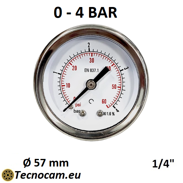 Manomètre à sec, échelle 0-4 bar, boîtier 50 mm, raccord gaz mâle arrière 1/4", série MANX50PSG
