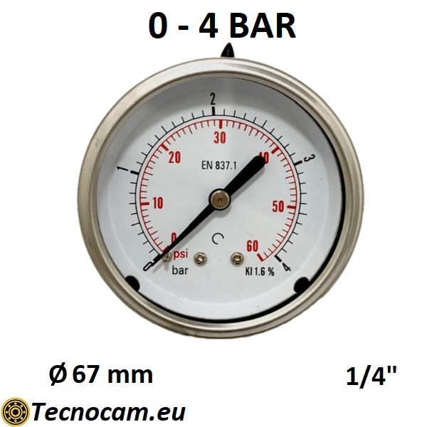 Manometro a SECCO Scala 0-4 Bar, Attacco Posteriore Maschio Gas 1/4" serie MANXPSG
