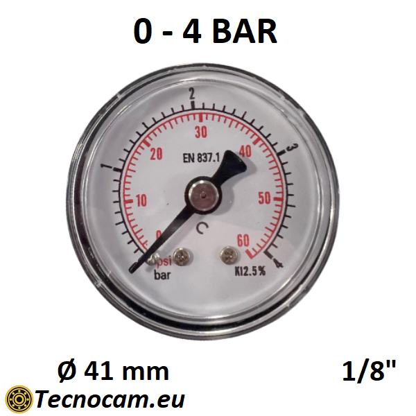 Manomètre à sec, échelle 0-4 bar, raccord arrière mâle pour gaz 1/8". 