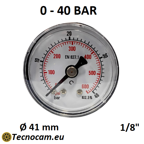 Trockenmanometer, Skala 0–40 bar, 1/8"-Außengewinde-Gasanschluss hinten