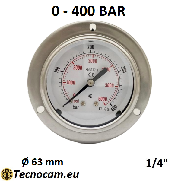 Trockendruckmanometer, Skala 0–400 bar, mit Flansch und 1/4"-Außengewinde-Gasanschluss hinten