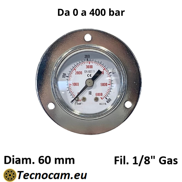 Manometro a SECCO Scala 0-400 Bar, con FLANGIA e Attacco Posteriore Maschio Gas 1/8" Serie MAN40PFSG