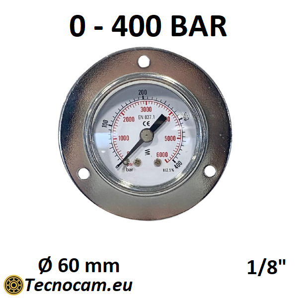 Manomètre à sec, échelle 0-400 bar, avec bride et raccord arrière mâle gaz 1/8", série MAN40PFSG