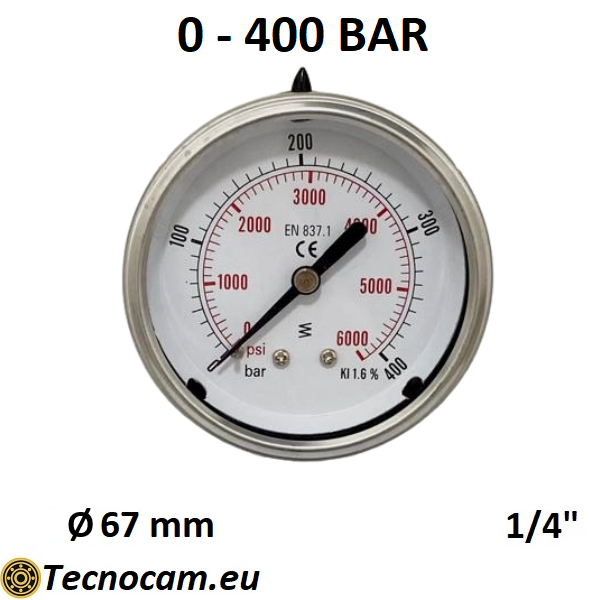 Manometro a SECCO Scala 0-400 Bar, Attacco Posteriore Maschio Gas 1/4" serie MANXPSG