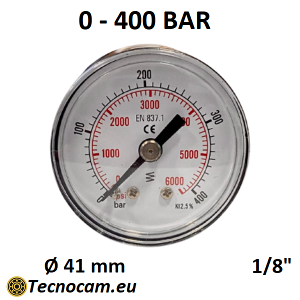 Manomètre à sec, échelle 0-400 bar, raccord arrière mâle pour gaz 1/8". 