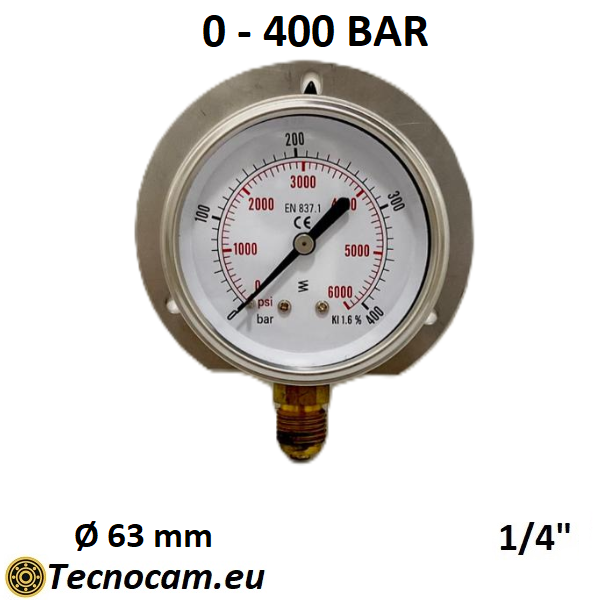 Manometro a SECCO Scala 0-400 Bar, con FLANGIA e Attacco Radiale Maschio Gas 1/4" serie MANXRFSG