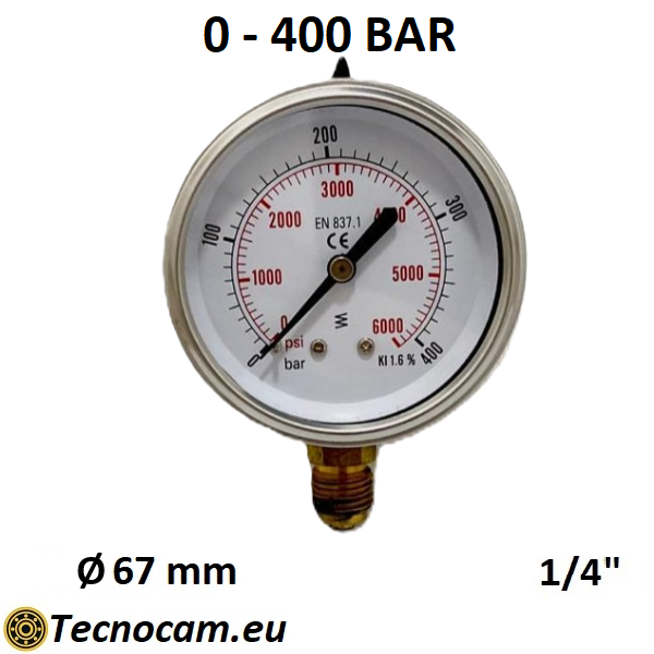 Manometro a SECCO Scala 0-400 Bar, Attacco Radiale Maschio Gas 1/4" serie MANXRSG