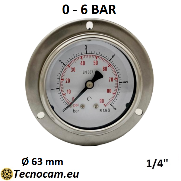 Manometro a SECCO Scala 0-6 Bar, con FLANGIA e Attacco Posteriore Maschio Gas 1/4" serie MANXPFSG