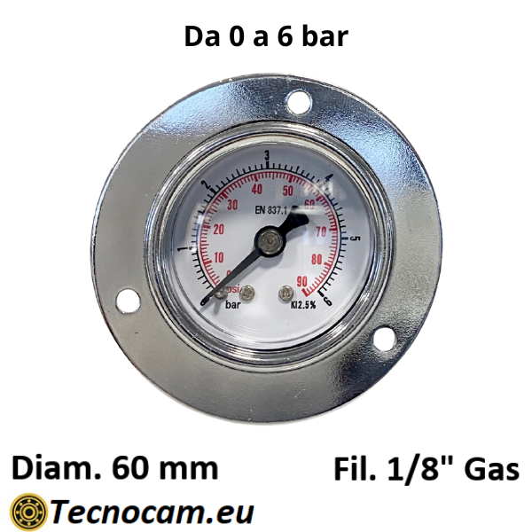 Manometro a SECCO Scala 0-6 Bar, con FLANGIA e Attacco Posteriore Maschio Gas 1/8" Serie MAN40PFSG