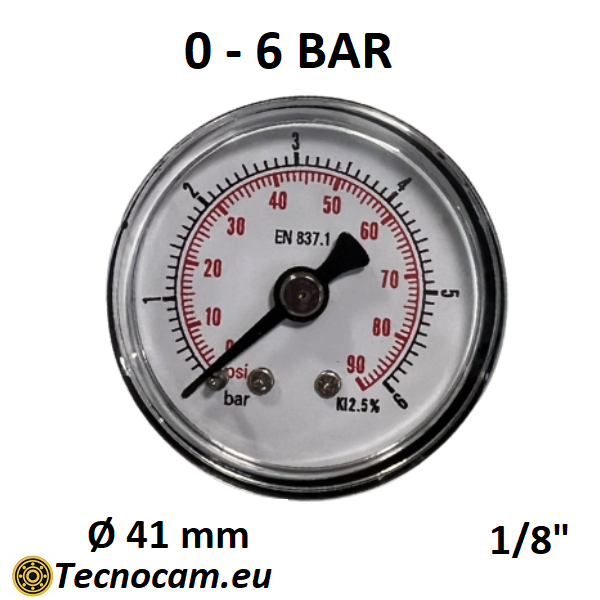 Manomètre à sec, échelle 0-6 bar, raccord arrière mâle pour gaz 1/8". 