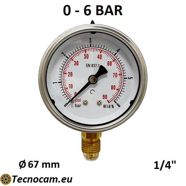 Manometro a SECCO Scala 0-6 Bar, Attacco Radiale Maschio Gas 1/4" serie MANXRSG