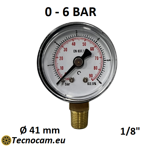 Manomètre à sec, échelle 0-4 bar, raccord arrière mâle pour gaz 1/8". 