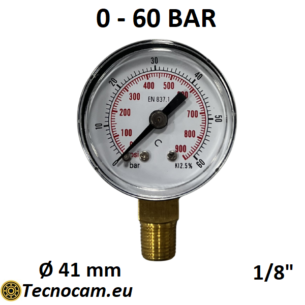 Manomètre à sec, échelle 0-4 bar, raccord arrière mâle pour gaz 1/8". 