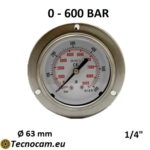 Manomètre à sec, échelle 0-600 bar, avec bride et raccord arrière mâle gaz 1/4", série MANXPFSG