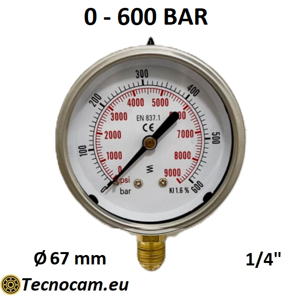 Manometro a SECCO Scala 0-600 Bar, Attacco Radiale Maschio Gas 1/4" serie MANXRSG