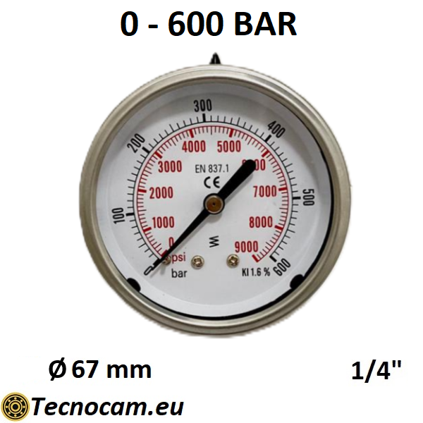 Manometro a SECCO Scala 0-600 Bar, Attacco Posteriore Maschio Gas 1/4" serie MANXPSG