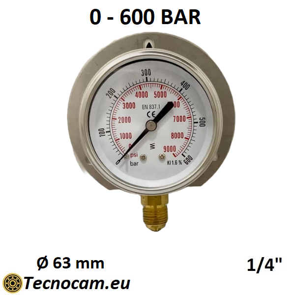 Manometro a SECCO Scala 0-600 Bar, con FLANGIA e Attacco Radiale Maschio Gas 1/4" serie MANXRFSG