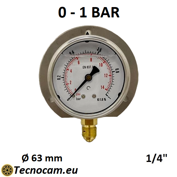 Manomètre à glycérine, échelle 0-1 bar, avec bride et raccord radial mâle 1/4", série MANRFCG 