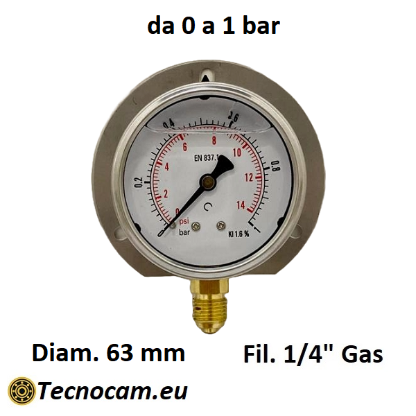 Manometer mit Glycerinskala 0–1 bar, mit Flansch und 1/4"-Außengewinde-Radialanschluss, Serie MANRFCG 