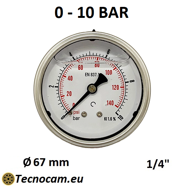 Manomètre à graduation de 0 à 10 bar avec graduation en glycérine, raccord de gaz mâle arrière 1/4" série MANPCG 