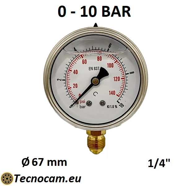 Manomètre à glycérine, échelle 0-10 bar, raccord radial mâle 1/4", série MANRCG 