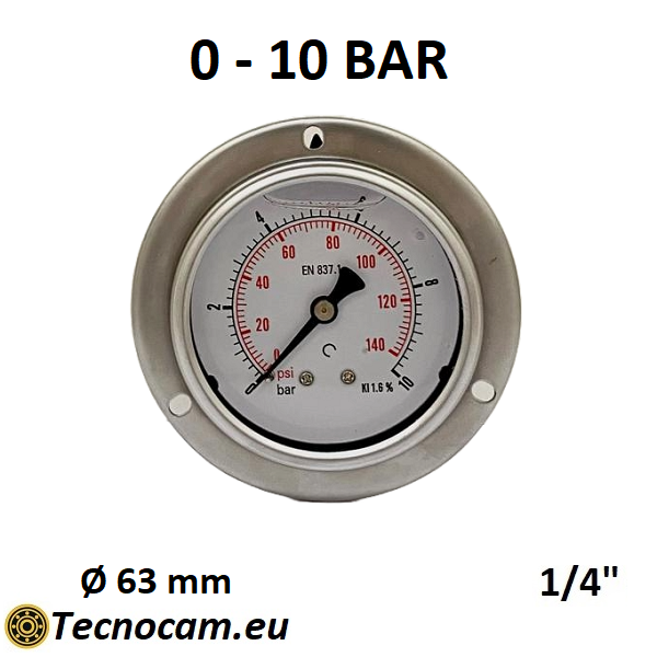 Manomètre à glycérine, échelle 0-10 bar, avec bride et raccord arrière mâle gaz 1/4", série MANPFCG 