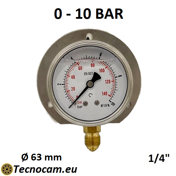 Manomètre à glycérine, échelle 0-10 bar, avec bride et raccord radial mâle 1/4" pour gaz, série MANRFCG 