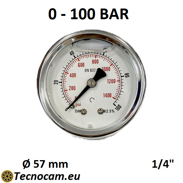 Manomètre à glycérine, échelle 0-100 bar, boîtier 50 mm, raccord arrière mâle 1/4", série MAN50PCG