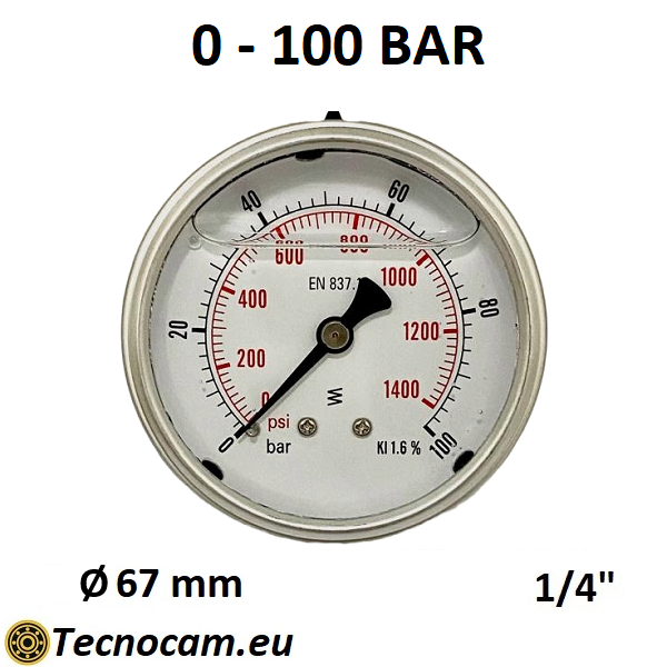 Manomètre à graduation de 0 à 100 bar avec échelle à glycérine, raccord de gaz mâle arrière 1/4" série MANPCG 