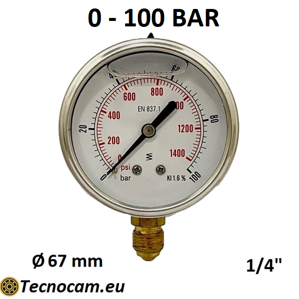 Manomètre à glycérine, échelle 0-100 bar, raccord radial mâle 1/4", série MANRCG 