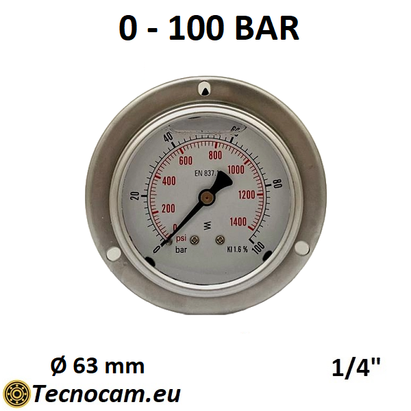 Manomètre à glycérine, échelle 0-100 bar, avec bride et raccord arrière mâle gaz 1/4", série MANPFCG 