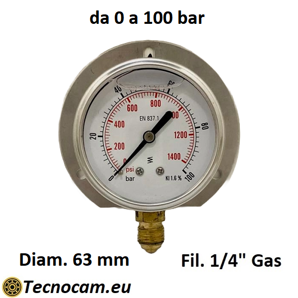 Manometer mit Glycerinskala 0–100 bar, mit Flansch und 1/4"-Außengewinde-Radialanschluss, Serie MANRFCG 
