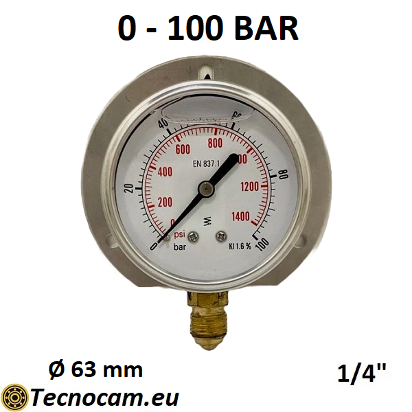 Manomètre à glycérine, échelle 0-100 bar, avec bride et raccord radial mâle 1/4", série MANRFCG 