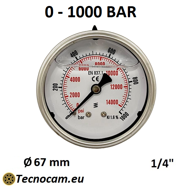Manomètre à graduation de 0 à 1000 bar avec échelle à glycérine, raccord de gaz mâle arrière 1/4" série MANPCG 