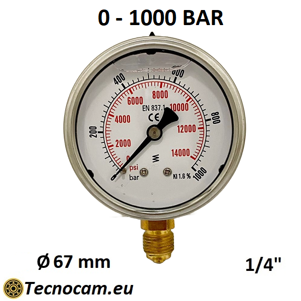 Manomètre à glycérine, échelle 0-1000 bar, raccord radial mâle 1/4", série MANRCG 