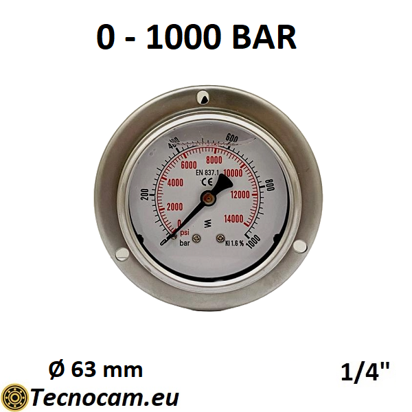 Manomètre à glycérine, échelle 0-1000 bar, avec bride et raccord arrière mâle gaz 1/4" série MANPFCG 