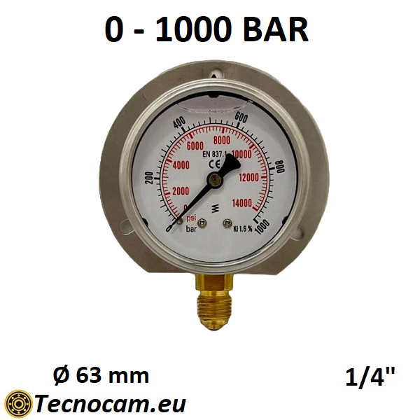 Manomètre à glycérine, échelle 0-1000 bar, avec bride et raccord radial mâle 1/4", série MANRFCG 