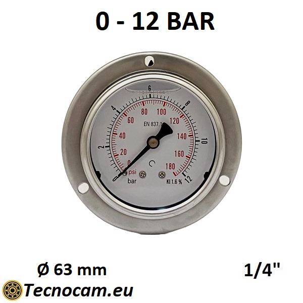 Manomètre à glycérine, échelle 0-12 bar, avec bride et raccord arrière mâle gaz 1/4", série MANPFCG 