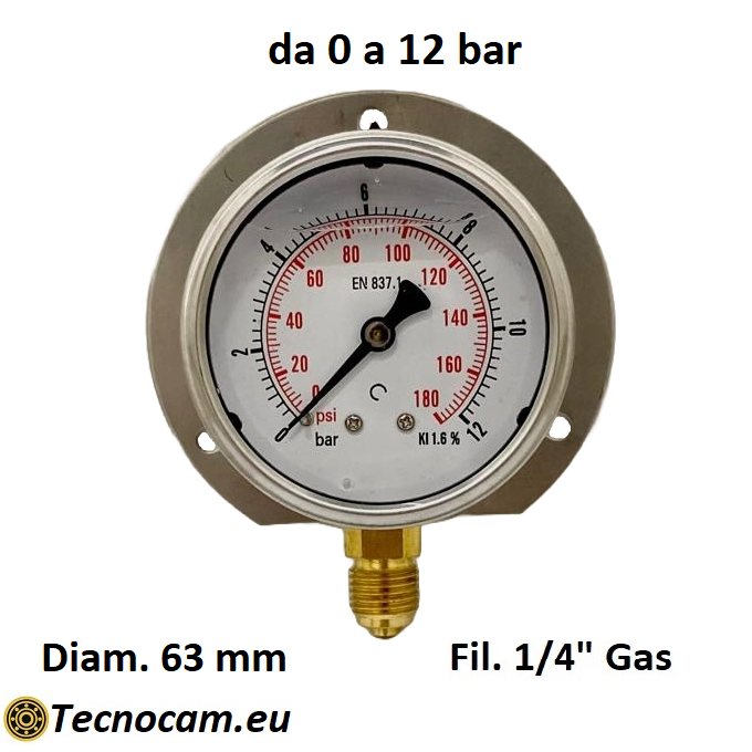Manometer mit Glycerinskala 0–12 bar, mit Flansch und 1/4"-Außengewinde-Radialanschluss, Serie MANRFCG 