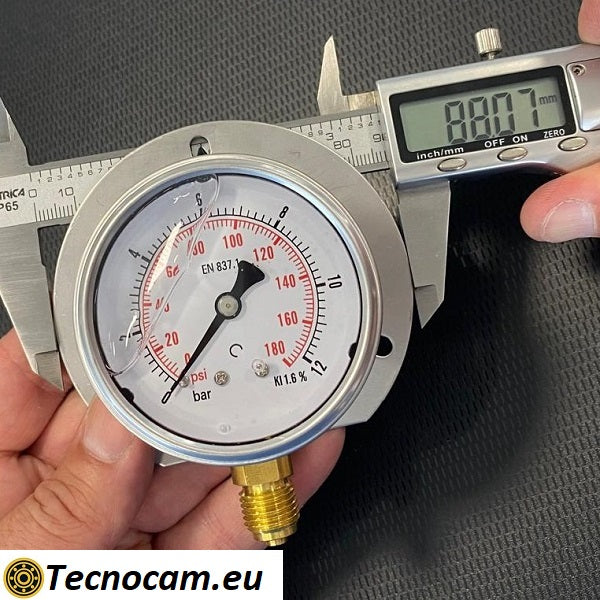 Manometer mit Glycerinskala 0–12 bar, mit Flansch und 1/4"-Außengewinde-Radialanschluss, Serie MANRFCG 