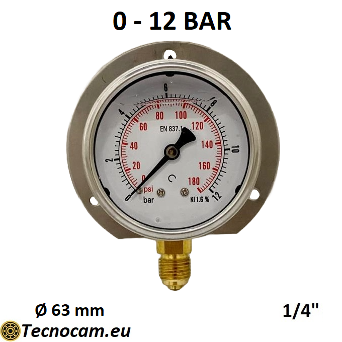 Manomètre à glycérine, échelle 0-12 bar, avec bride et raccord radial mâle 1/4" pour gaz, série MANRFCG 