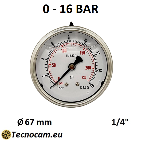 Manomètre à graduation de glycérine 0-16 bar, raccord de gaz mâle arrière 1/4" série MANPCG 