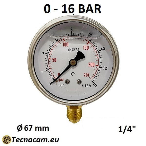Manomètre à glycérine, échelle 0-16 bar, raccord radial mâle 1/4", série MANRCG 