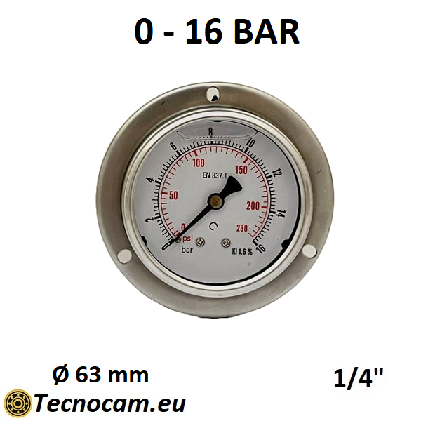 Manomètre à glycérine, échelle 0-16 bar, avec bride et raccord arrière mâle gaz 1/4", série MANPFCG 